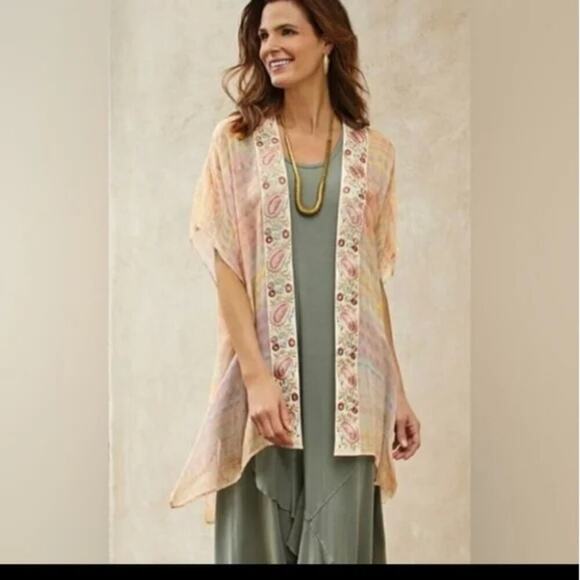 Soft Surroundings Floral Watercolor Kimono Shawl Cardigan Pastel Pink Women L/XL - Picture 2 of 10